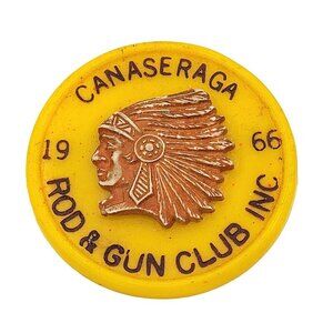 Vintage 1966 Canaseraga Rod & Gun Club Pinback Badge Native American Chief 1.75"